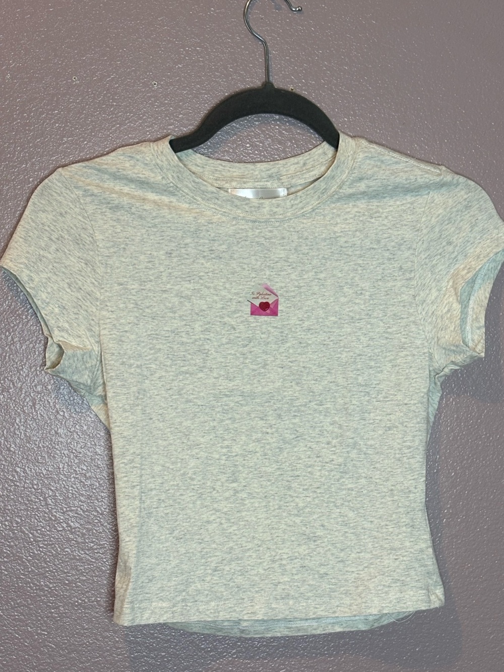 Heather Gray Cropped Tee with Pink Heart Patch